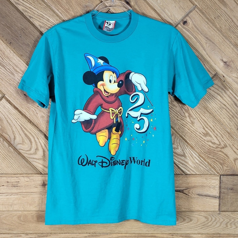 Vintage Disney T-Shirt Women Medium 25th Anniversary Sorcerer Mickey Teal Green